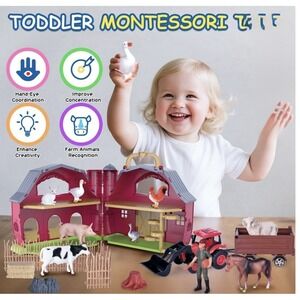 QIAHO Farm Animal Toys Take Along Barn Farm Playset for Toddlers Montessori Toys